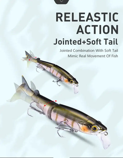 Two swimbait lures with jointed bodies and soft tail, green and gray scales with orange.