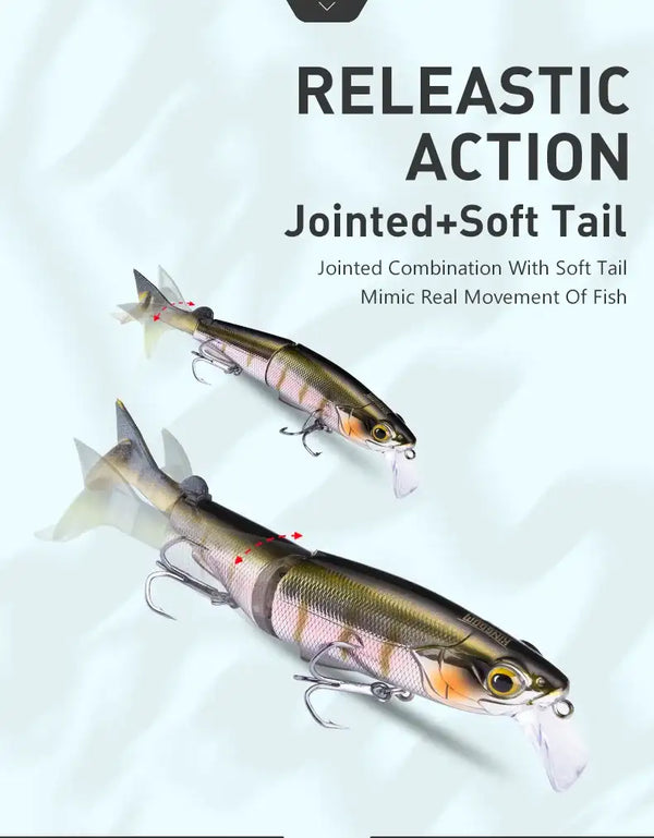 Two swimbait lures with jointed bodies and soft tail, green and gray scales with orange.