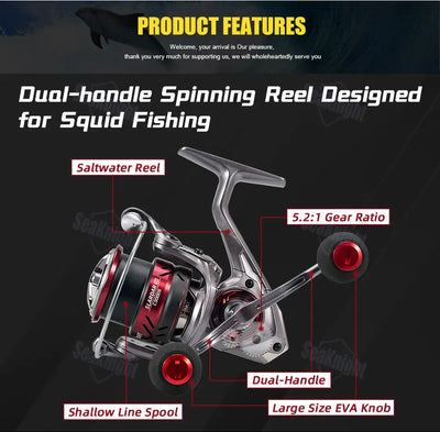 Saltwater spinning fishing reel with dual handles and shallow line spool, red accents