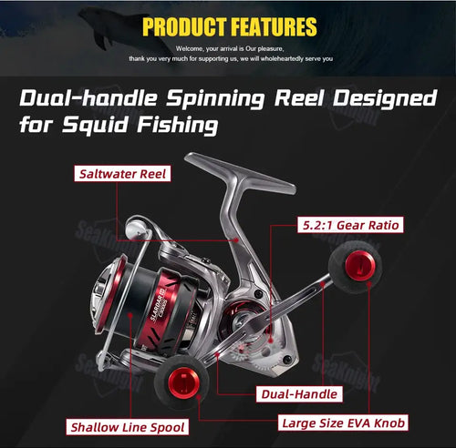 Saltwater spinning fishing reel with dual handles and shallow line spool, red accents