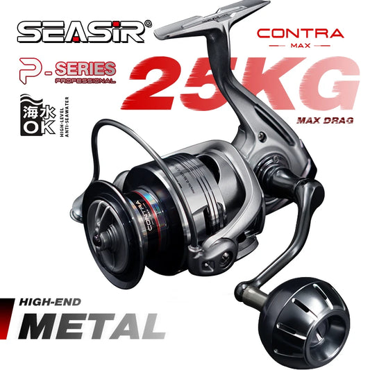 Spinning fishing reel with metallic silver and black spool and curved handle