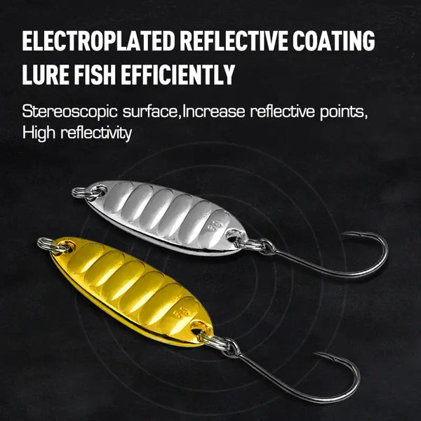 Reflective silver and gold metal spoon lures with single hooks and split rings.