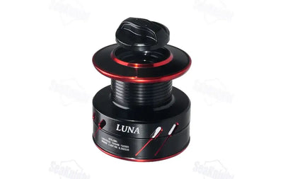 Round black spool with red trim and top cap on a spinning fishing reel