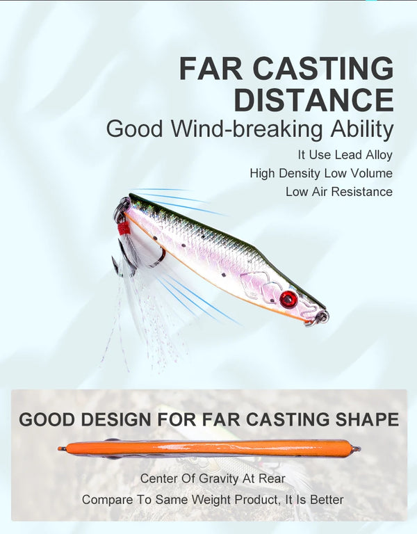 Metal fishing jig lure with pink-silver scale finish, red eye, and white feather tail