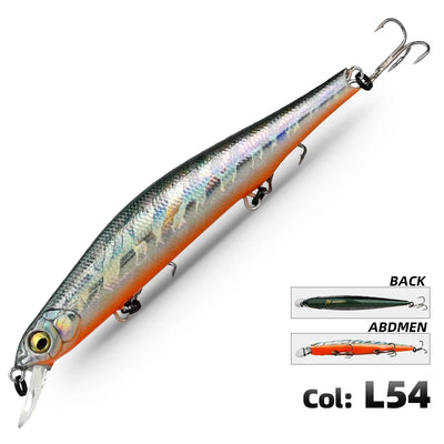 Silver and orange minnow fishing lure with iridescent scales, treble hooks