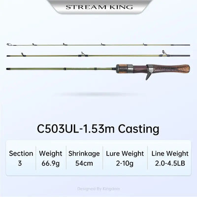 Ultralight casting fishing rod, 1.53m, carbon rod with cork handle and guides