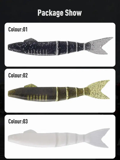 Jointed soft swimbait color options 01, 02, and 03 shown on card
