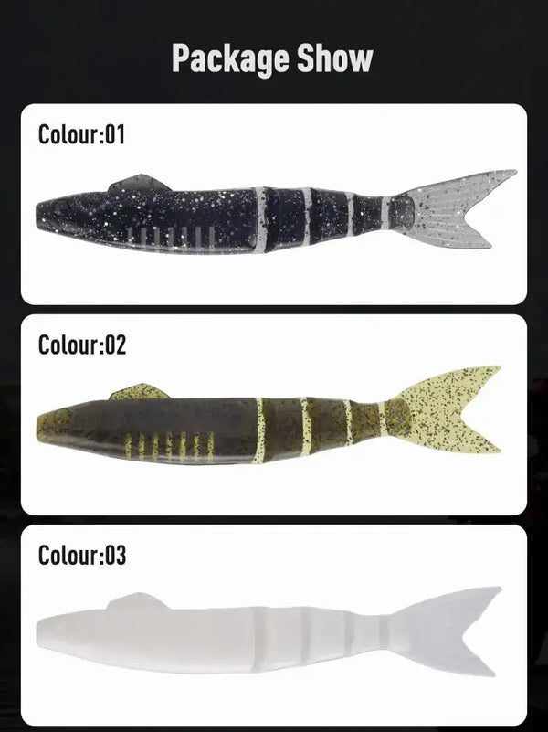 Jointed soft swimbait color options 01, 02, and 03 shown on card