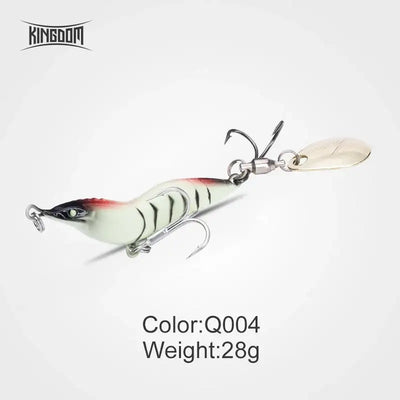Artificial shrimp fishing lure, white-green body with black stripes and red tail, silver spinner blades