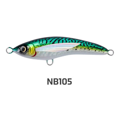 Floating stickbait fishing lure in teal, green, and black with yellow belly and black spots