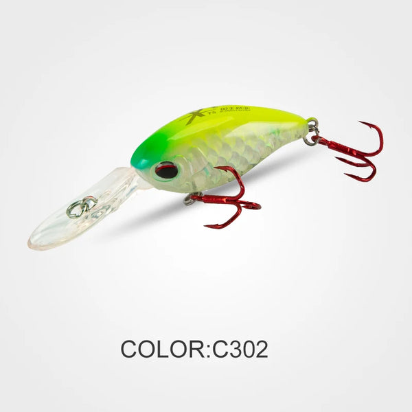 Crankbait in lime green color with red treble hooks and clear lip