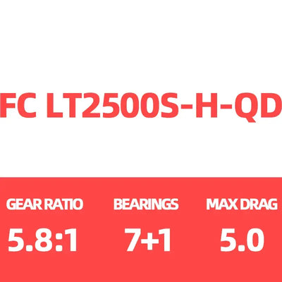 Spinning reel label: FC LT2500S-H-QD, Gear Ratio 5.8:1, 7+1 bearings, Max Drag 5.0