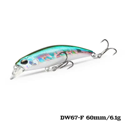 Mini sinking minnow crankbait, DW67-F, teal/white with fins, 60mm/6.1g, 2 treble hooks