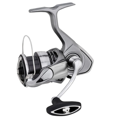 Silver spinning fishing reel with line spool and black handle, side view