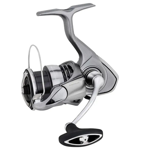 Silver spinning fishing reel with line spool and black handle, side view