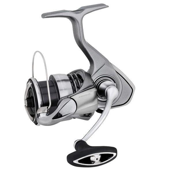 Silver spinning fishing reel with line spool and black handle, side view