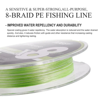 Fluorescent green 8-braid fishing line wound on a clear spool