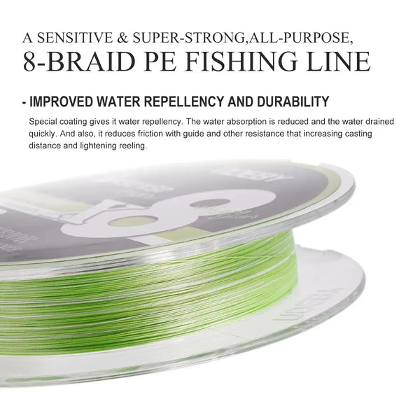 Fluorescent green 8-braid fishing line wound on a clear spool