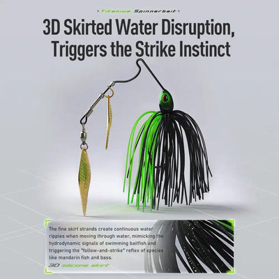Skirted spinnerbait lure with black and green strands and gold blade with hook