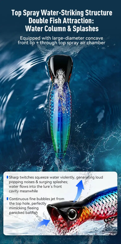 Top spray water-striking popper lure, multicolor body with treble hooks near surface