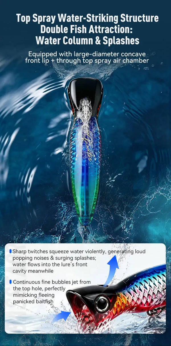 Top spray water-striking popper lure, multicolor body with treble hooks near surface