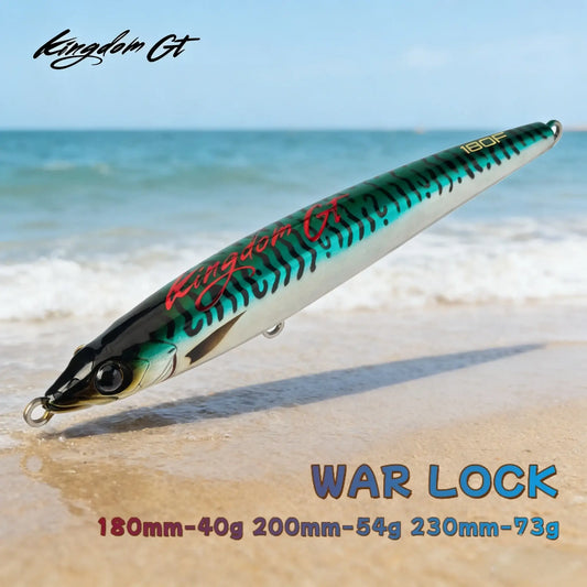 Floating hard pencil fishing lure, teal and black pattern, single front hook