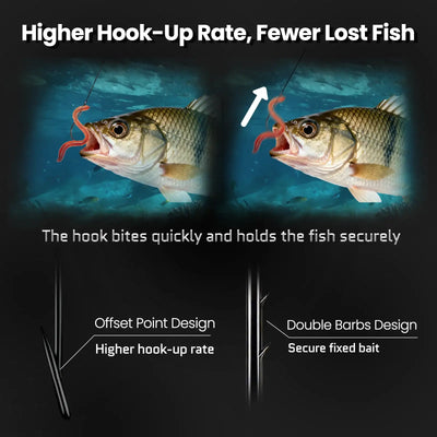 Double-barbed fishing hooks with worm bait beside fish illustrations
