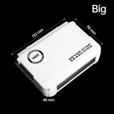 Mini fishing tackle storage case, white, closed with metal latch and marked dimensions