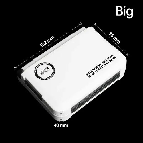 Mini fishing tackle storage case, white, closed with metal latch and marked dimensions