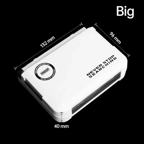 Mini fishing tackle storage case, white, closed with metal latch and marked dimensions
