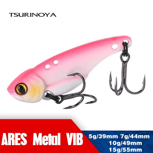 Pink and white Tsurinoya Ares-A metal VIB fishing lure with 3D eye, three treble hooks, and metallic finish