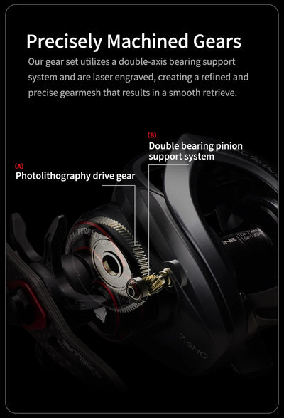 Baitcasting fishing reel showing precision machined gears and bearing support