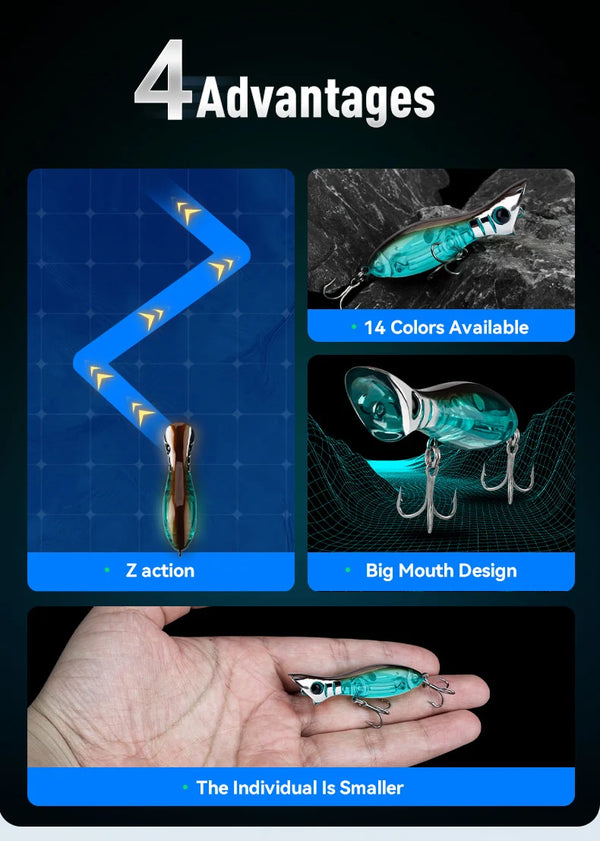 Teal popper fishing lure shown held in a hand