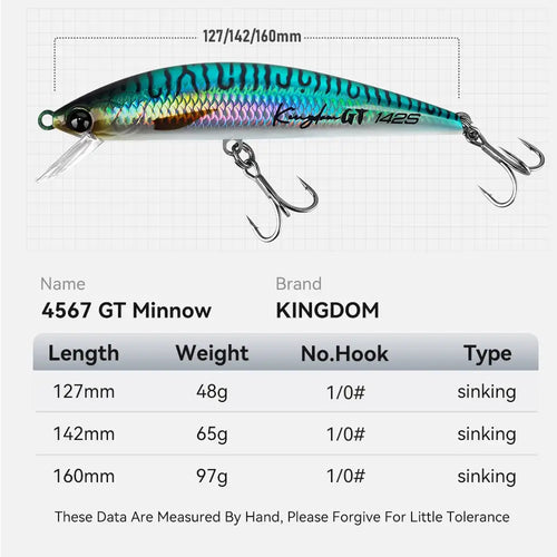 Saltwater sinking minnow lure, holographic teal and silver with two treble hooks