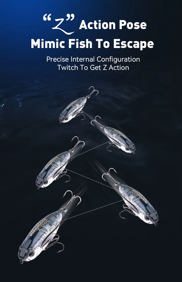 Blue-gray topwater pencil fishing lure set in an action pose, with treble hooks
