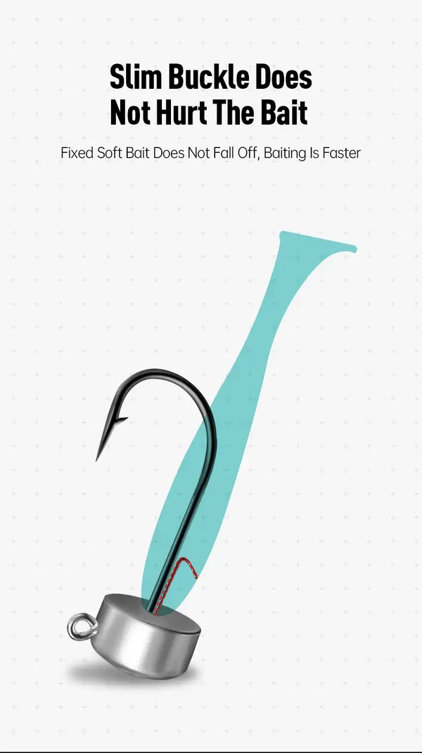 Slim barbless-style jig head hook with metal lead weight and curved shank
