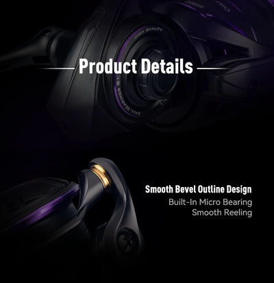 Black spinning reel handle and spool area with smooth bevel outline and purple trim
