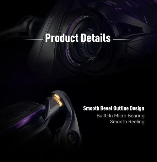 Black spinning reel handle and spool area with smooth bevel outline and purple trim