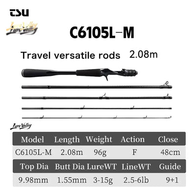 C6105L-M travel fishing rod, black foam handle, 5 sections, 2.08 m