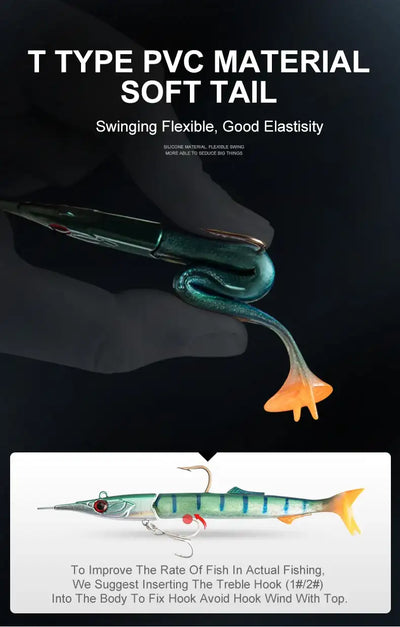 T-style soft tail fishing lure with green body and orange paddle tail