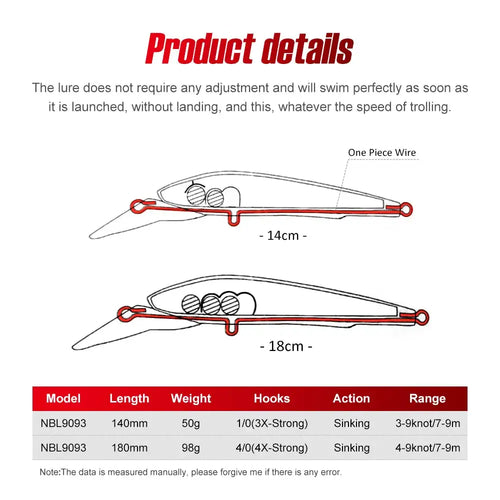 Sinking wobblers lure diagram showing 14cm and 18cm line and hook layout