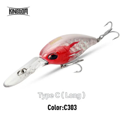 Floating crankbait minnow lure, Type C (long), red body with translucent belly and 2 treble hooks