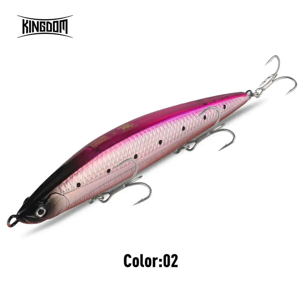 Sinking pencil fishing lure, pink and silver body with 3 treble hooks