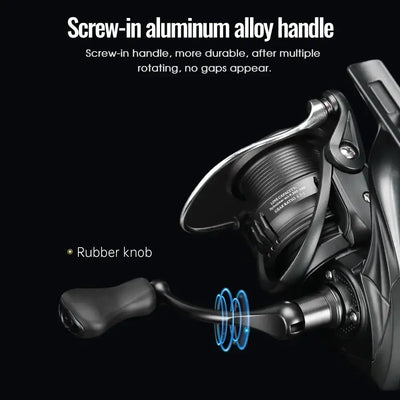 Black spinning reel with screw-in aluminum alloy handle and rubber knob