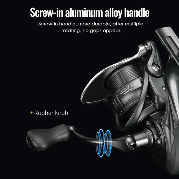 Black spinning reel with screw-in aluminum alloy handle and rubber knob