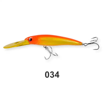 Saltwater trolling minnow wobbler in orange-yellow with silver gill stripe and two treble hooks