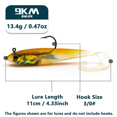 Pre-rigged paddle tail swimbait with yellow-gold body and clear paddle, 11cm length