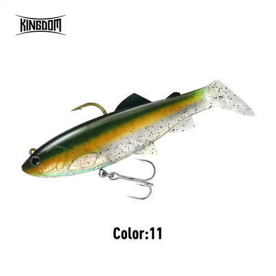 Paddle tail swimbait color 11, dark-speckled green back with white belly and treble hooks