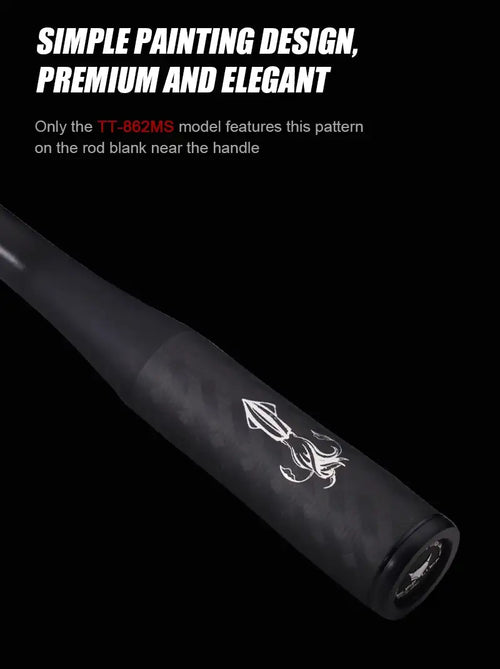 Spinning rod with subtle white graphic near handle, dark carbon-fiber finish