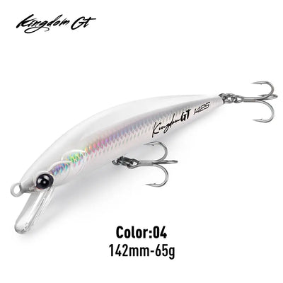 Saltwater sinking minnow lure, 142mm 65g, white body with holographic scale pattern, 2 trebles